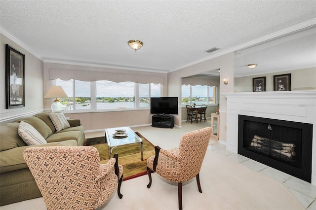 100 Bluff View Dr Unit 511C, Belleair Bluffs, FL 33770 - living area with ornamental molding, a textured ceiling, and a fireplace with flush hearth