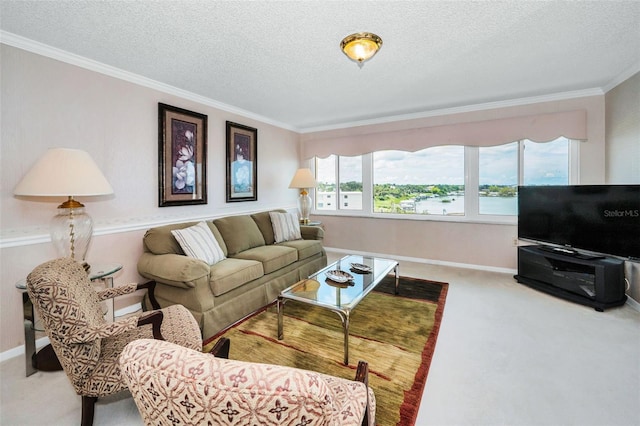 100 Bluff View Dr Unit 511C, Belleair Bluffs, FL 33770 - living area featuring carpet floors, ornamental molding, and a textured ceiling