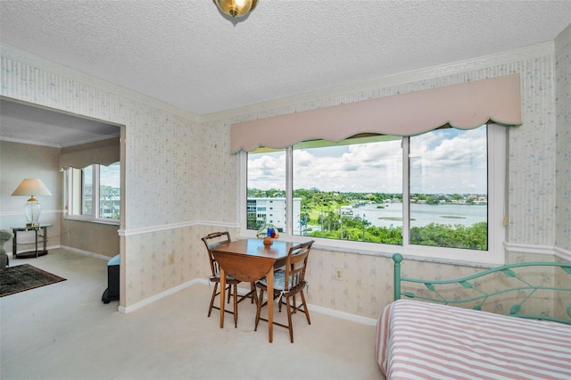 100 Bluff View Dr Unit 511C, Belleair Bluffs, FL 33770 - dining area featuring wallpapered walls, healthy amount of natural light, a textured ceiling, and carpet