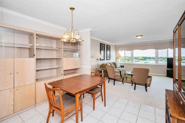100 Bluff View Dr Unit 511C, Belleair Bluffs, FL 33770 - dining space with crown molding, a chandelier, a textured ceiling, and light colored carpet