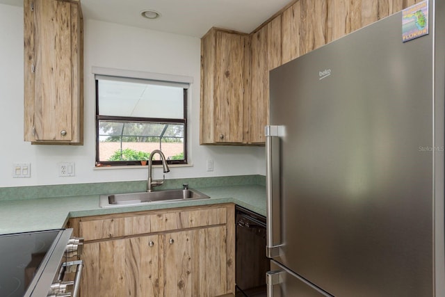 630 Kirkland Cir, Dunedin, FL 34698 - kitchen with freestanding refrigerator, range, black dishwasher, and light countertops
