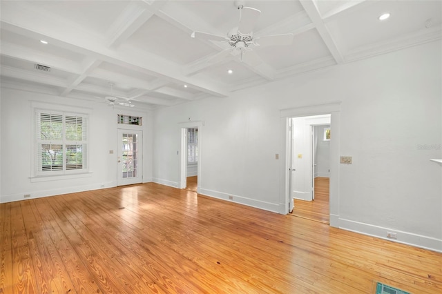 1400 Cherry St NE, Saint Petersburg, FL 33704 - unfurnished living room featuring ceiling fan, coffered ceiling, baseboards, light wood finished floors, and beamed ceiling