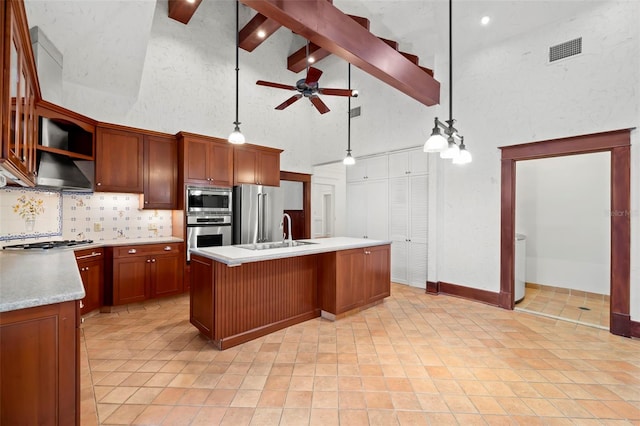 1400 Cherry St NE, Saint Petersburg, FL 33704 - kitchen with appliances with stainless steel finishes, high vaulted ceiling, a sink, light countertops, and a ceiling fan
