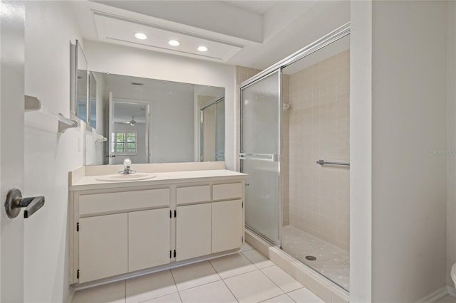 1401 Camelot Ct, Palm Harbor, FL 34684 - bathroom with recessed lighting, vanity, a shower stall, tile patterned flooring, and toilet