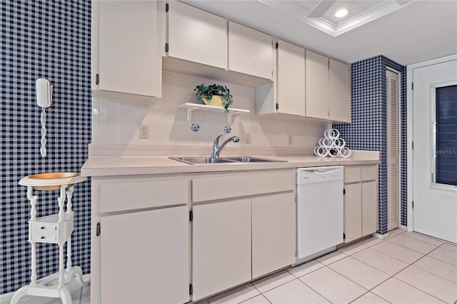 1401 Camelot Ct, Palm Harbor, FL 34684 - kitchen featuring dishwasher, a sink, light countertops, open shelves, and light tile patterned flooring