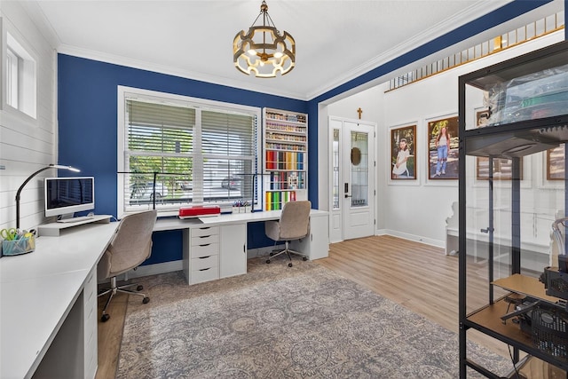 7570 Sweeter Tide Trl, Wesley Chapel, FL 33545 - office featuring a chandelier, ornamental molding, and light wood-style flooring