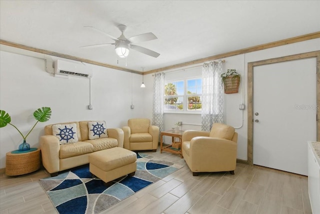 511 1st St, Cedar Key, FL 32625 - living room featuring a wall mounted AC, a ceiling fan, and wood finish floors