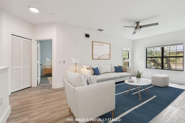 2171 Portofino Pl Unit 27-2725, Palm Harbor, FL 34683 - living room featuring light wood-style floors, a ceiling fan, and baseboards