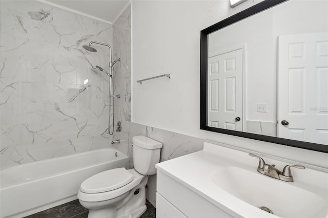 2171 Portofino Pl Unit 27-2725, Palm Harbor, FL 34683 - bathroom with vanity, toilet,  shower combination, tile walls, and a wainscoted wall