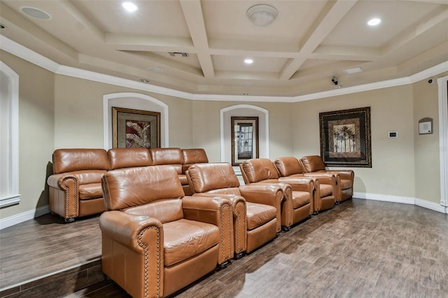 2171 Portofino Pl Unit 27-2725, Palm Harbor, FL 34683 - home theater featuring baseboards, beam ceiling, dark wood-style floors, recessed lighting, and coffered ceiling