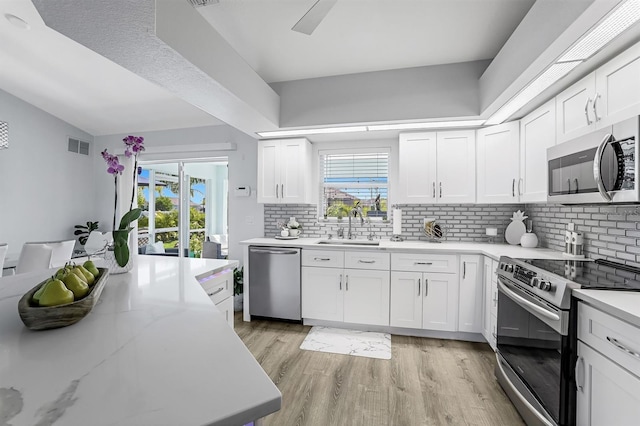 28 SW 21st Ave, Cape Coral, FL 33991 - kitchen featuring appliances with stainless steel finishes, a sink, decorative backsplash, and light wood-style flooring