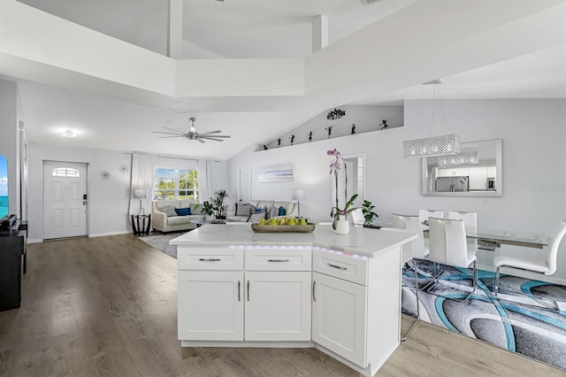 28 SW 21st Ave, Cape Coral, FL 33991 - kitchen with open floor plan, white cabinetry, light wood-style flooring, vaulted ceiling, and ceiling fan