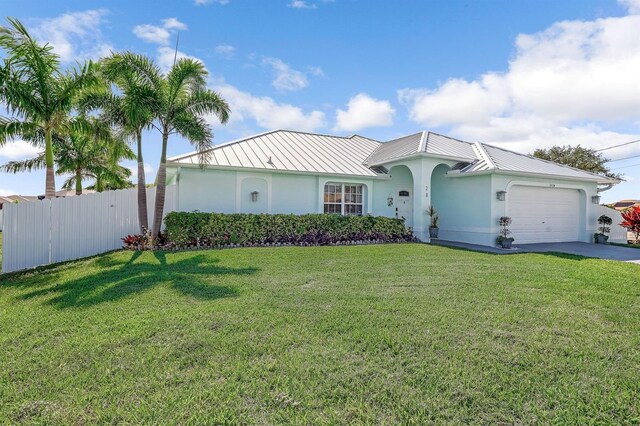28 SW 21st Ave, Cape Coral, FL 33991 - single story home with a standing seam roof, a garage, concrete driveway, stucco siding, and metal roof