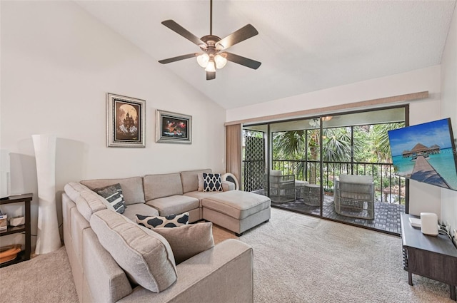 4735 Winslow Beacon Unit 14, Sarasota, FL 34235 - living room featuring carpet floors, lofted ceiling, and ceiling fan