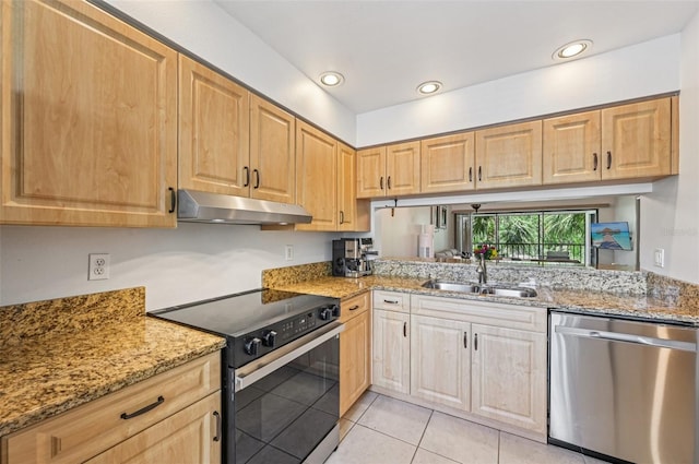 4735 Winslow Beacon Unit 14, Sarasota, FL 34235 - kitchen featuring stainless steel dishwasher, electric range, under cabinet range hood, light tile patterned floors, and light brown cabinets