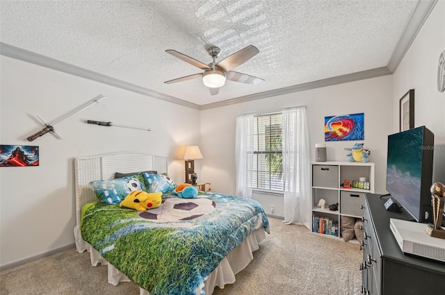 4735 Winslow Beacon Unit 14, Sarasota, FL 34235 - bedroom featuring a textured ceiling, carpet, crown molding, and ceiling fan