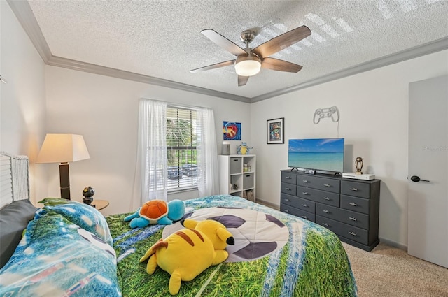 4735 Winslow Beacon Unit 14, Sarasota, FL 34235 - bedroom with ornamental molding, a textured ceiling, light colored carpet, and ceiling fan