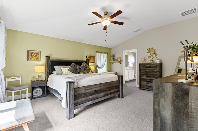 12004 Legacy Bright St, Riverview, FL 33578 - bedroom featuring lofted ceiling, light carpet, a ceiling fan, and connected bathroom
