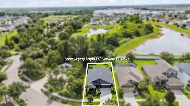12004 Legacy Bright St, Riverview, FL 33578 - aerial view of residential area featuring a nearby body of water and property boundaries highlighted