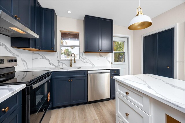 13148 3rd St E, Madeira Beach, FL 33708 - kitchen featuring dishwasher, electric range, a sink, exhaust hood, and blue cabinets