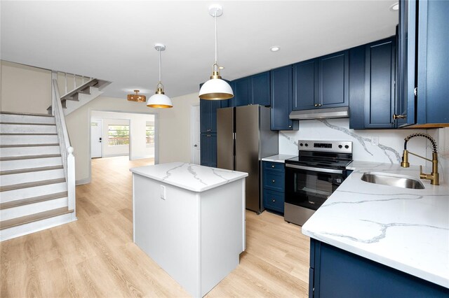 13148 3rd St E, Madeira Beach, FL 33708 - kitchen with stainless steel appliances, a sink, under cabinet range hood, blue cabinetry, and a center island