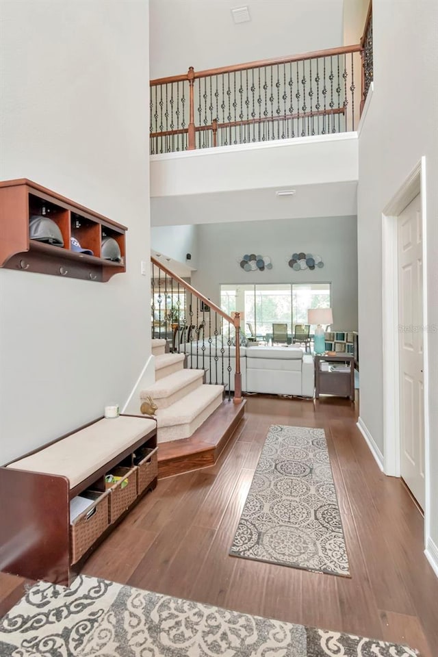26972 Evergreen Chase Dr, Wesley Chapel, FL 33544 - foyer entrance with a high ceiling, stairs, and wood finished floors