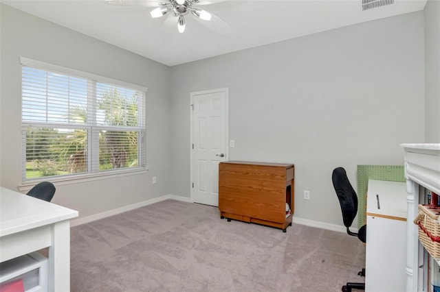 26972 Evergreen Chase Dr, Wesley Chapel, FL 33544 - office area with healthy amount of natural light, light colored carpet, and a ceiling fan