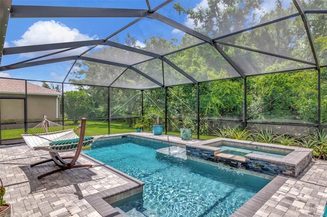 26972 Evergreen Chase Dr, Wesley Chapel, FL 33544 - view of swimming pool with a pool with connected hot tub, a patio, and glass enclosure