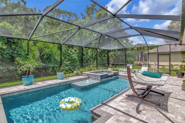 26972 Evergreen Chase Dr, Wesley Chapel, FL 33544 - view of pool with a pool with connected hot tub, a patio, and glass enclosure