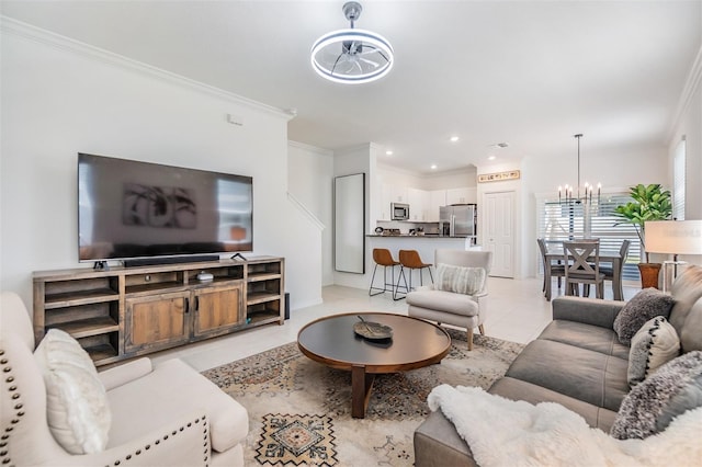 36414 Well Hill Way, Zephyrhills, FL 33541 - living area featuring a chandelier, light tile patterned floors, crown molding, and recessed lighting