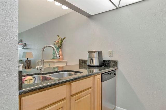 14130 Rosemary Ln Unit 3202, Largo, FL 33774 - kitchen featuring dishwasher, light brown cabinetry, dark countertops, and a textured wall