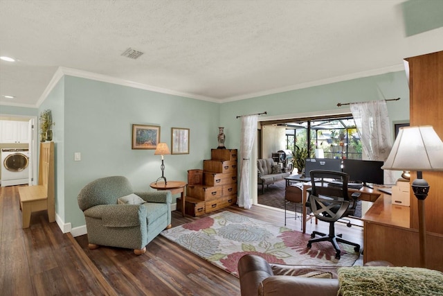 2806 Fairway View Dr, Valrico, FL 33596 - living room with washer / clothes dryer, an office area, wood finished floors, ornamental molding, and a textured ceiling