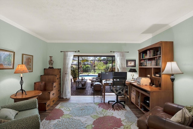 2806 Fairway View Dr, Valrico, FL 33596 - office space with wood finished floors, ornamental molding, and a textured ceiling
