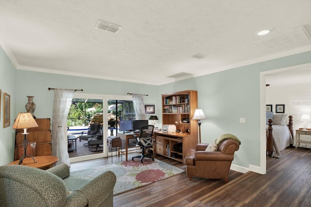 2806 Fairway View Dr, Valrico, FL 33596 - office area with wood finished floors, crown molding, and a textured ceiling