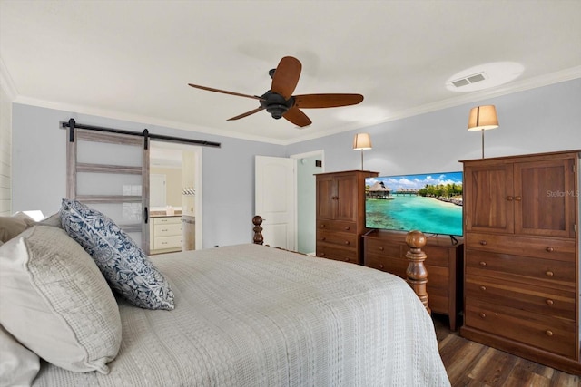 2806 Fairway View Dr, Valrico, FL 33596 - bedroom featuring ornamental molding, a barn door, dark wood-style flooring, and ceiling fan