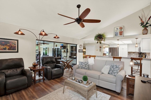 2806 Fairway View Dr, Valrico, FL 33596 - living area featuring a ceiling fan, wood finished floors, and vaulted ceiling