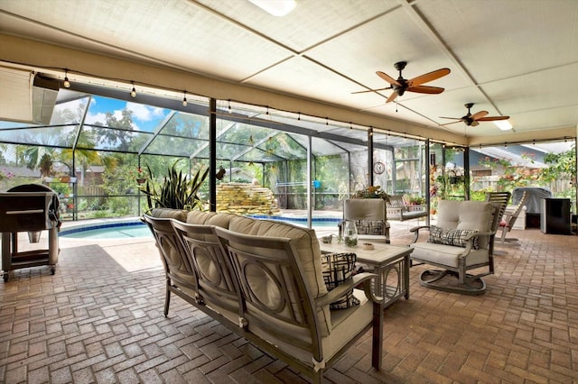 2806 Fairway View Dr, Valrico, FL 33596 - view of patio featuring an outdoor pool, glass enclosure, an outdoor living space, and a ceiling fan