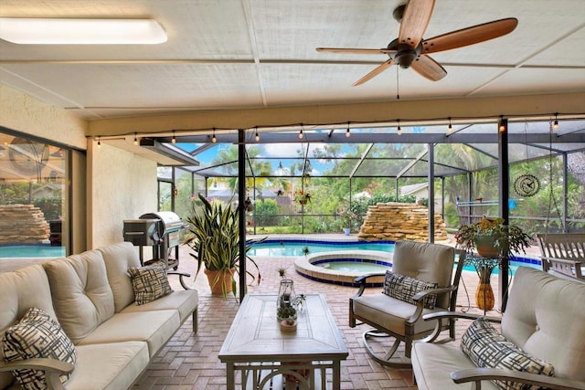 2806 Fairway View Dr, Valrico, FL 33596 - sunroom / solarium with a ceiling fan, an outdoor living space, a jacuzzi, and a swimming pool