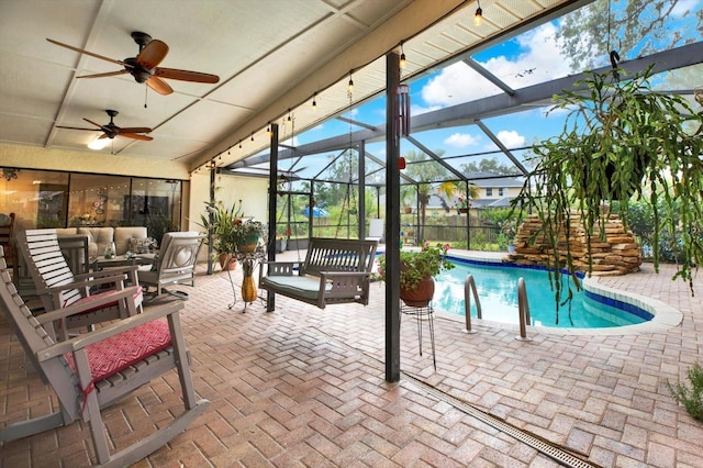 2806 Fairway View Dr, Valrico, FL 33596 - swimming pool featuring a patio area, ceiling fan, outdoor lounge area, and a lanai