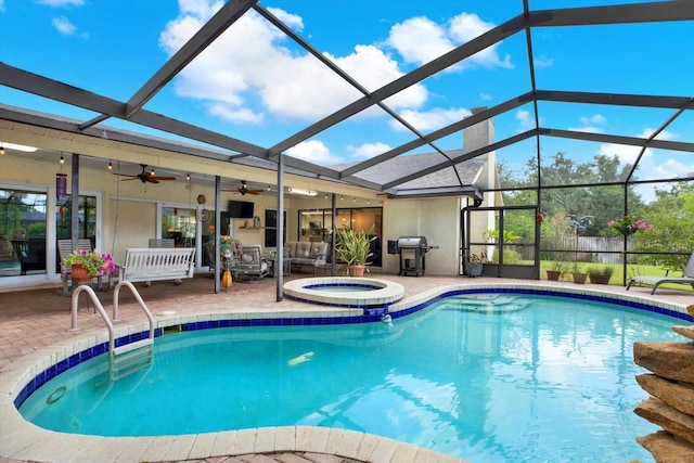2806 Fairway View Dr, Valrico, FL 33596 - swimming pool featuring a patio area, a ceiling fan, an in-ground hot tub, grilling area, and glass enclosure