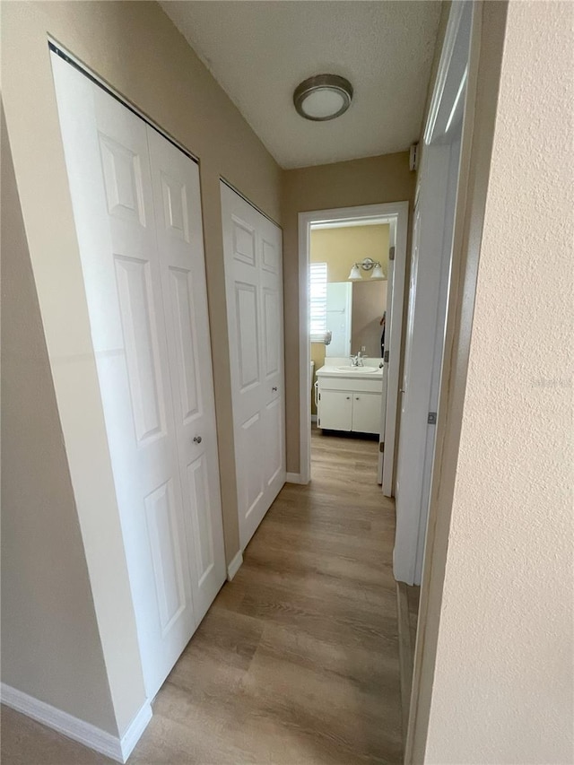 3007 Wainwright Ct, New Port Richey, FL 34655 - hallway featuring light wood-style floors, baseboards, and a sink