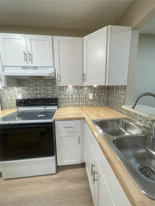 3007 Wainwright Ct, New Port Richey, FL 34655 - kitchen featuring range with electric stovetop, under cabinet range hood, a sink, wooden counters, and light wood-style flooring