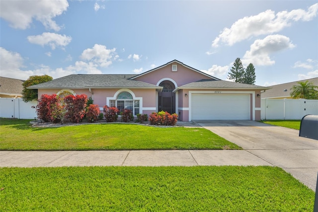 2021 Elk Spring Dr, Brandon, FL 33511 - ranch-style house with stucco siding, concrete driveway, an attached garage, and a gate