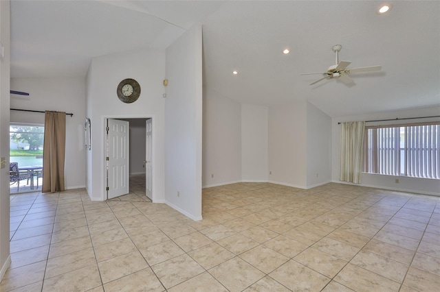 2021 Elk Spring Dr, Brandon, FL 33511 - spare room with ceiling fan, light tile patterned floors, recessed lighting, baseboards, and high vaulted ceiling
