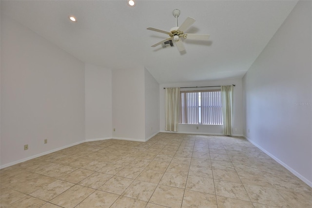 2021 Elk Spring Dr, Brandon, FL 33511 - empty room featuring a ceiling fan, lofted ceiling, baseboards, and recessed lighting