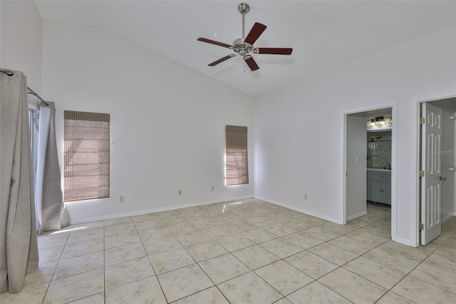 2021 Elk Spring Dr, Brandon, FL 33511 - unfurnished room featuring ceiling fan, light tile patterned floors, high vaulted ceiling, and baseboards