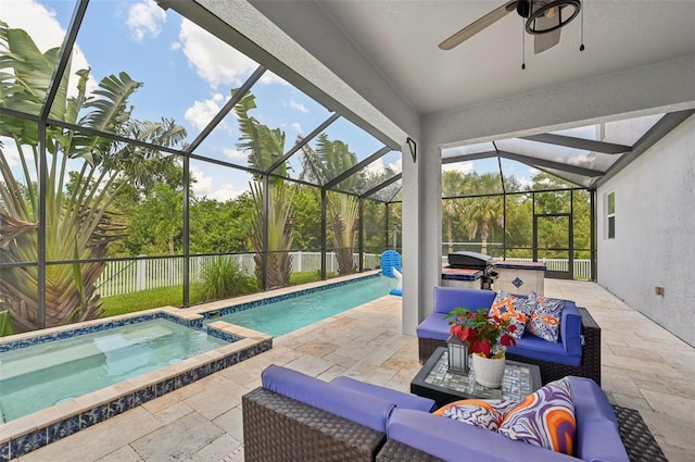 4151 Little Gap Loop, Ellenton, FL 34222 - view of pool with outdoor lounge area, a patio, a ceiling fan, and a lanai