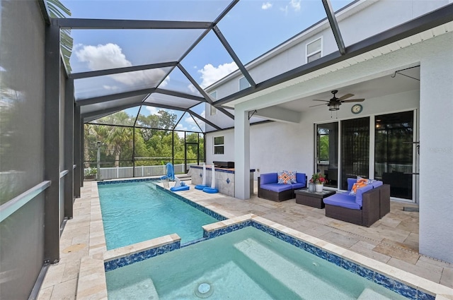 4151 Little Gap Loop, Ellenton, FL 34222 - view of pool featuring a patio area, a pool with connected hot tub, ceiling fan, and a lanai