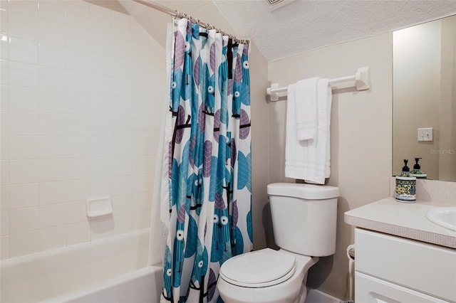 346 Gray Oak Dr, Tarpon Springs, FL 34689 - full bathroom featuring vanity, shower / bathtub combination with curtain, toilet, and a textured ceiling