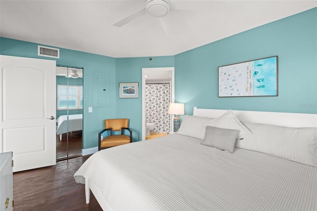 4510 Gulf Blvd Unit 604, St Pete Beach, FL 33706 - bedroom featuring a closet, dark wood-style flooring, and ceiling fan